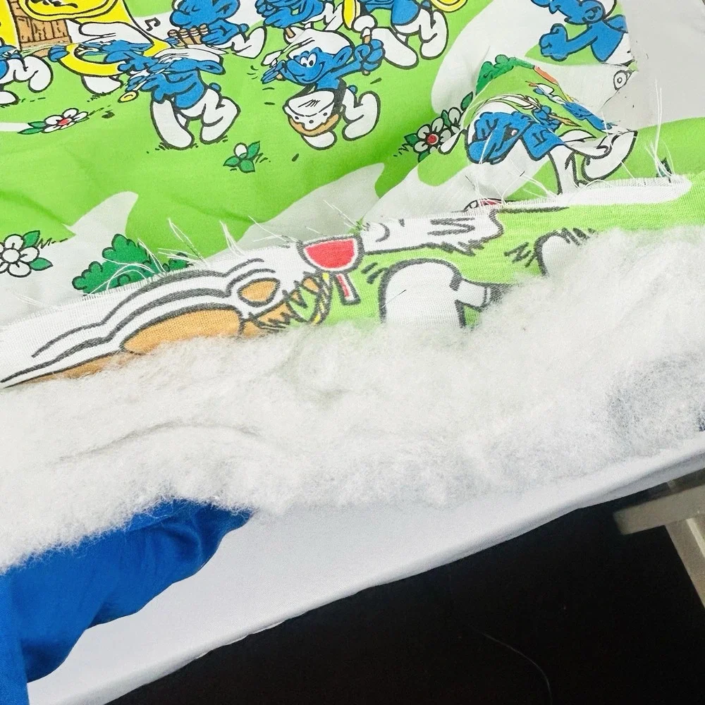 Vintage Smurfs Baby Blanket Quilt Project Unfinished Edges 48x42 Handmade 80s